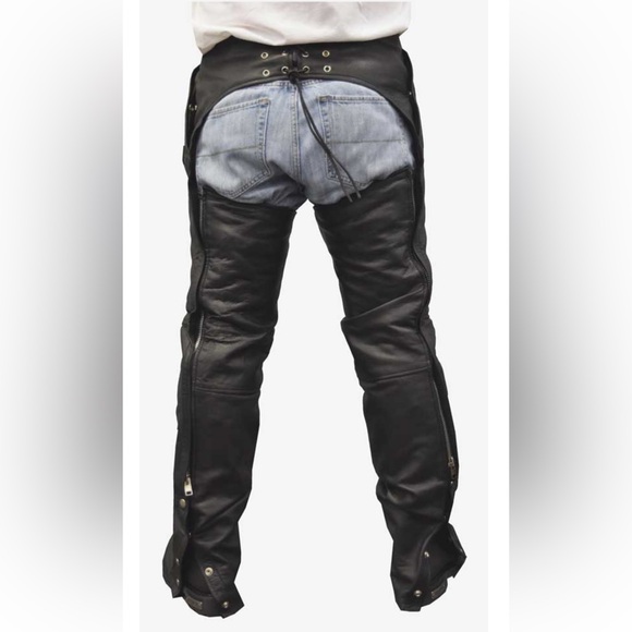 Redline unisex Classic Black Removable Liner Leather Motorcycle Chaps M-1650 - Picture 2 of 2